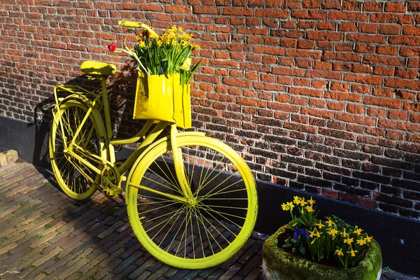 Vibrant yellow bicycle with basket of daffodil flowers on rustic brick wall background