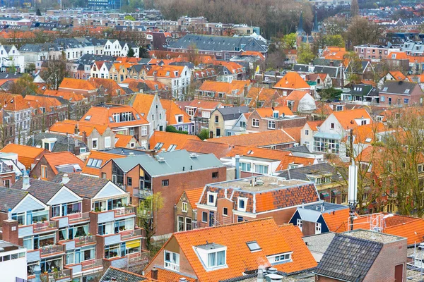 Aerial panoramic street view with houses in Delft, Holland