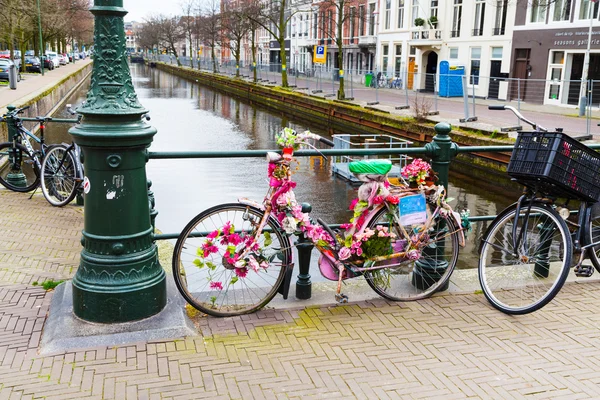 Old town street view with bike and flowers