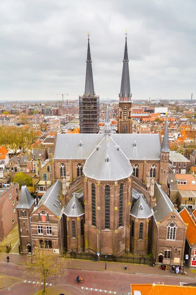 Aerial panoramic street view with houses in Delft, Holland