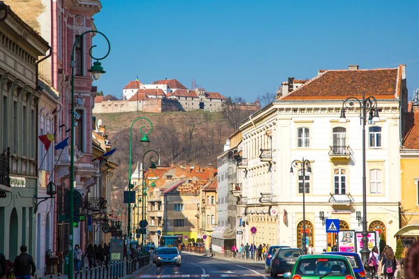Street view and medieval fortress citadel in Rupea, Brasov, Romania