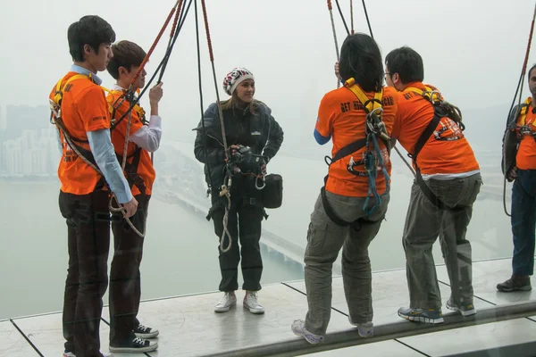 People training before bungee jump and sky walk at Macau Tower