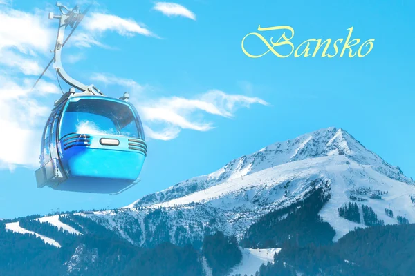 Vibrant Bansko travel ski background with cable car cabin, slopes, snow mountain peak