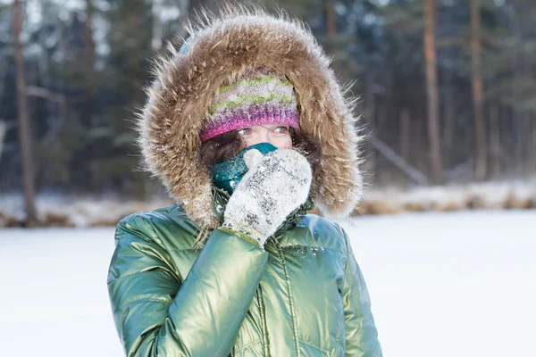 Young woman in winter forest during cold weather hiding her face in scarf outdoors