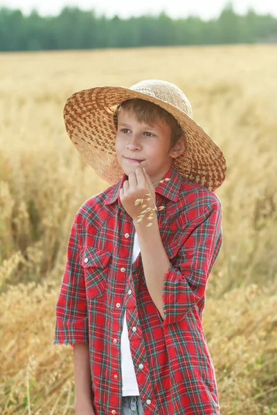 Portrait of teenage farm boy in wide-brimmed hat and oat cereal ears straw