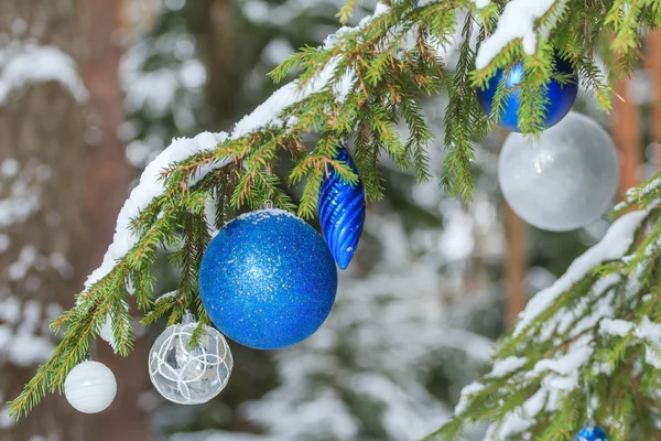 Christmas festive shiny baubles silver and blue ornaments outside on snowy fir branches