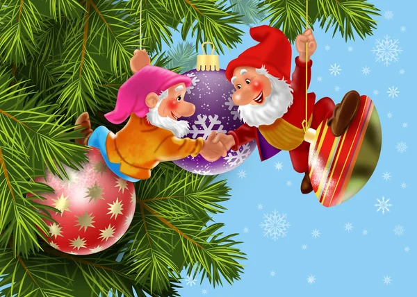 Christmas gnomes decorate the Christmas tree