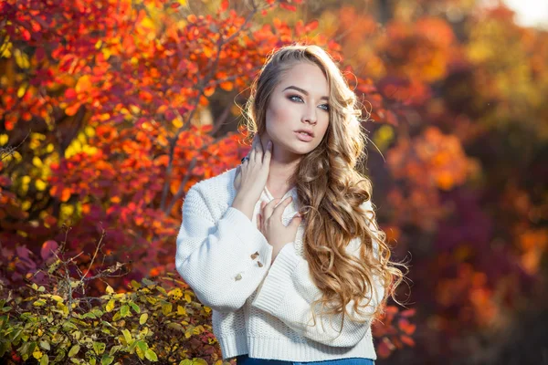 Beautiful young woman with curly hair against a background of red and yellow autumn leaves