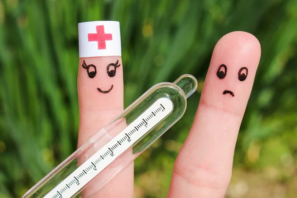Finger art of a couple. The doctor holds a thermometer, a man does not want to be treated.