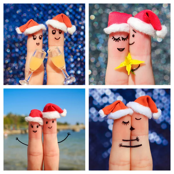 Finger art of a Happy couple. Collage happy couple celebrates Christmas. Couple kissing and hugging in the new year hats. Couple making good cheer in the new year hats. Two glasses of champagne.