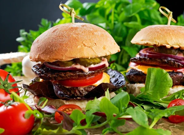 Juicy homemade Burger with beef patty, mushroom and vegetables