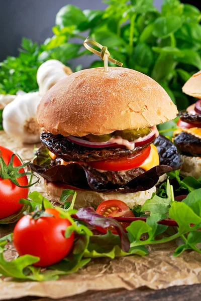 Juicy homemade Burger with beef patty, mushroom and vegetables
