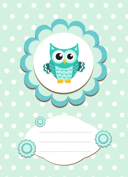 Baby card cute owl, baby owl invitation, frame for text cute animal, cartoon owl vector illustration