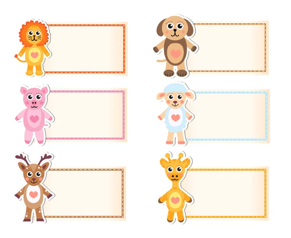 Set animal blank template for text. Lion, giraffe, sheep, pig, deer, dog. Baby invitation. Vector illustration