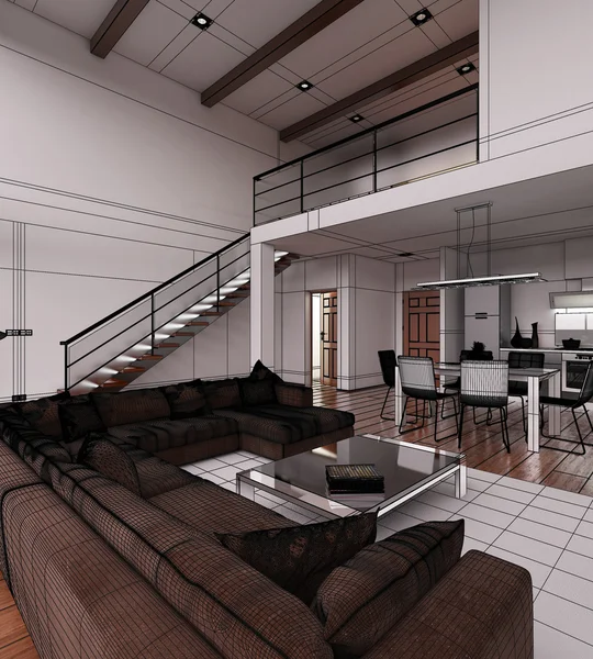 3D Interior rendering of a modern tiny loft