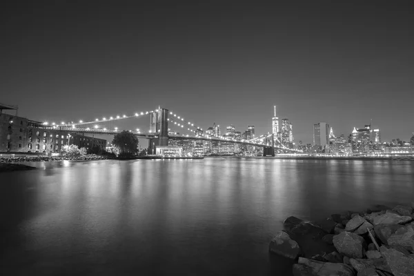 Black and white picture of New York City waterfront.