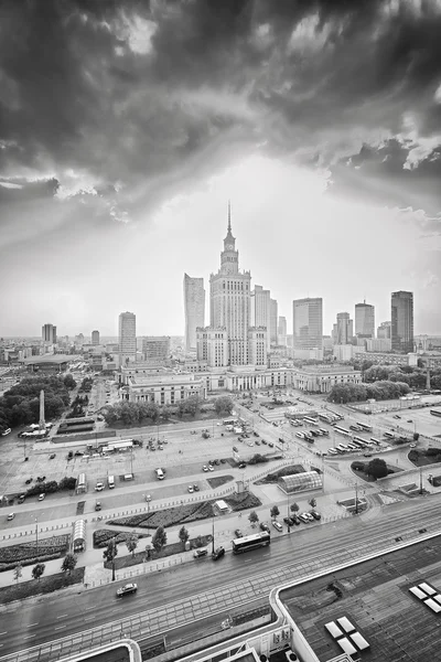 Black and white picture of Warsaw downtown at sunset.