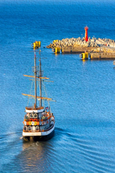 Oil painting style picture of historic sailing ship leaving port