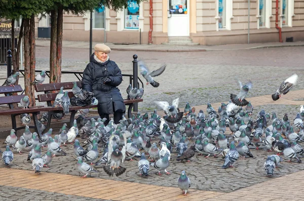 Woman feeding pigeons in Liberty Square located in the hearth of the city.