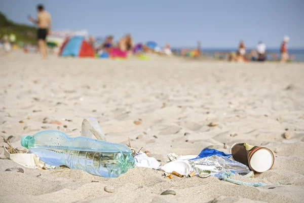 Garbage on beach left by tourist, environmental pollution concep