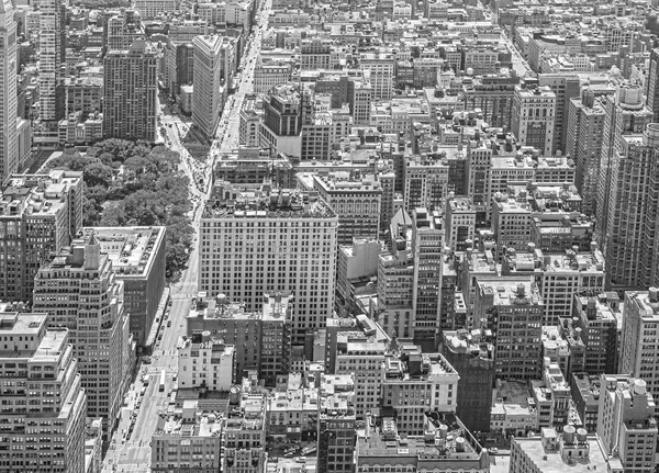Black and white aerial view of Manhattan, NYC.