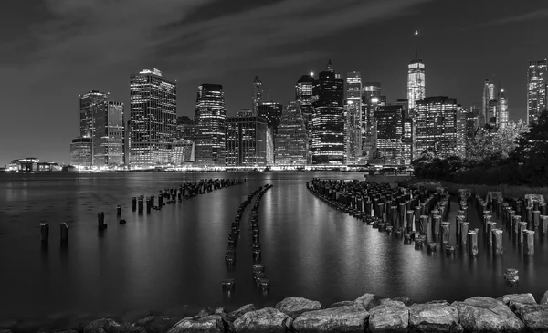 Black and white New York City at night, USA