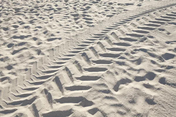 Tracks of a vehicle tires on sand.