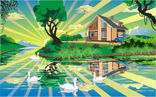 Landscape - country house near the river with swans in vector
