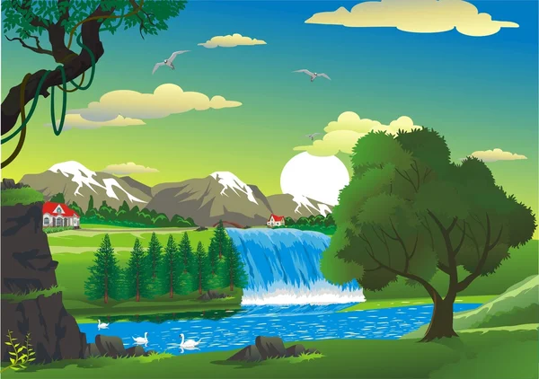 Countryside - house by the waterfall, cartoon in vector