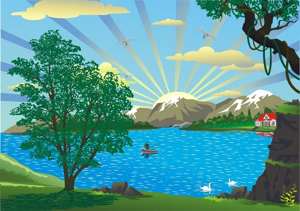 Landscape - early morning on the lake, vector illustration