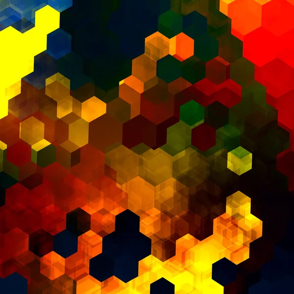 Abstract colorful hexagons illustration. Yellow red blue green orange colors. Pic for cover page. Cool messy clutter. Cells render. Funky layers. Small tile or block. Vivid shreds. Elegant gold.