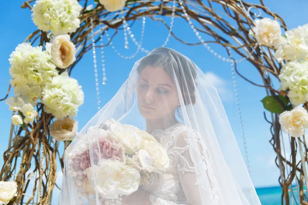 Beautiful brunette fiancee in white wedding dress with big long