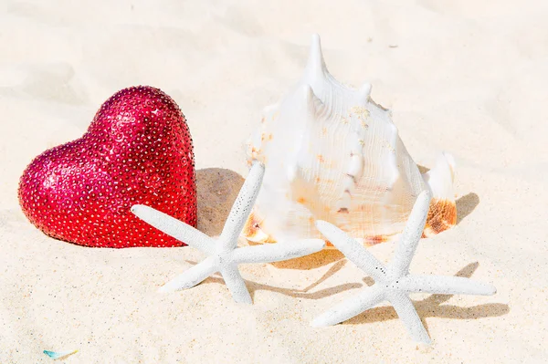 Two starfish, big red heart and large shell on a sandy tropical