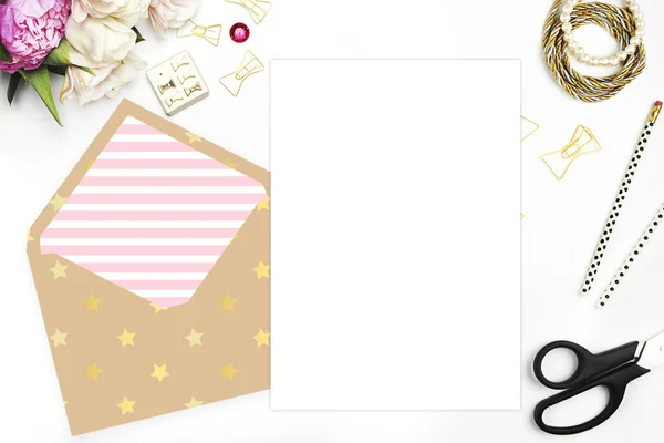 Floral with stationery on table, invitation card, wedding mockup, white background. Gold the envelope. Header website or Hero website