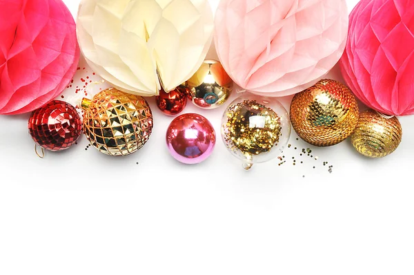 Festive background. Hero and header for site. Background mockup. Paper ball with golden ball, confettis