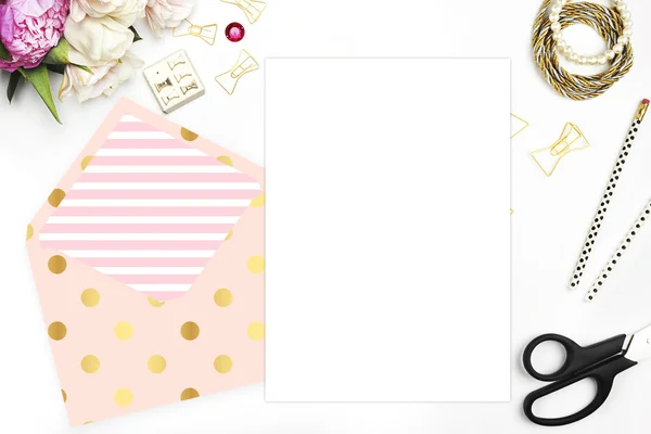 Header website or Hero website, Table view office items, white background mock up, woman desk. Polka gold pattern and blush