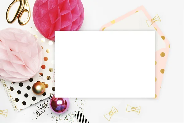 Flat lay. White background. Woman desktop, template card, Mock up for your photo or text Place your work. Gold Polka.