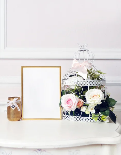 Wedding frame mockup. Flowers and blush wall.