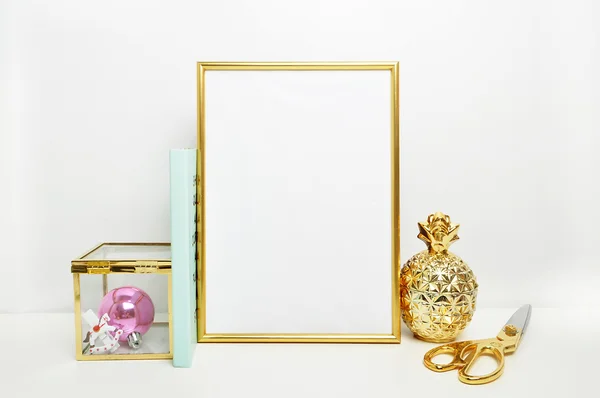 Gold picture frame with decorations. Mock up for your photo or text Place your work, print art,shabby style, white background. Cage with flowers