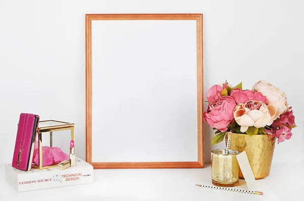Wood picture frame with decorations. Mock up for your photo or text Place your work