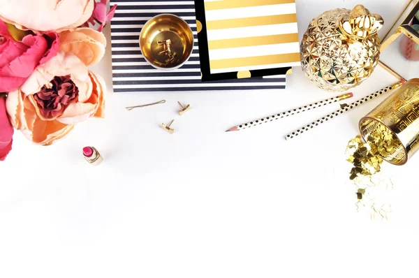 Office table view and gold accessories, mock up background, header site