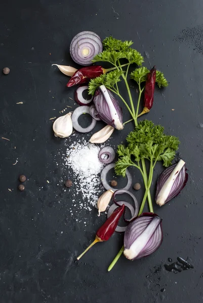 Frame with fresh organic vegetables and herbs