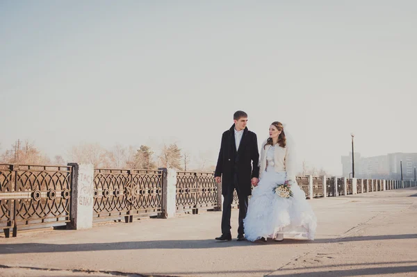 The bride and groom hugging on shore of Lake in a park. Wedding by the sea. Honeymoon.