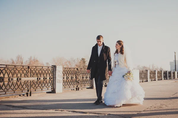 The bride and groom hugging on shore of Lake in a park. Wedding by the sea. Honeymoon.