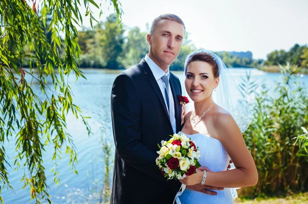 Bride and Groom at wedding Day walking Outdoors on spring nature. Bridal couple, Happy Newlywed woman and man embracing in green park. Loving wedding couple outdoor.