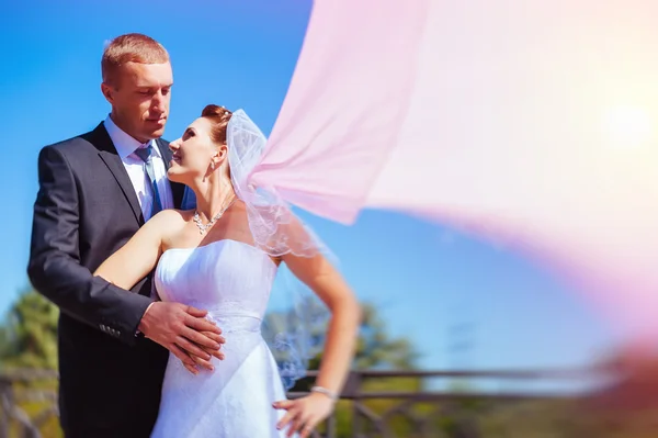 Newly married couple.wind lifting long white bridal veil. bride and groom with the pink shawl.