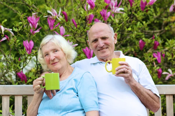 Senior couple drinking tea in the garden