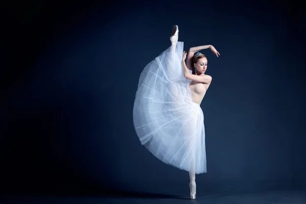 Young ballerina with a perfect body is dancing in the photostudio in different dresses