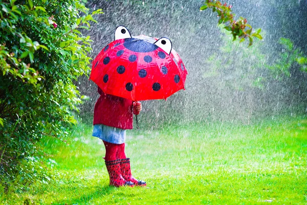 Little girl with umbrella playing in the rain