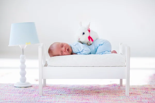 Little baby sleeping in toy bed with pat bunny